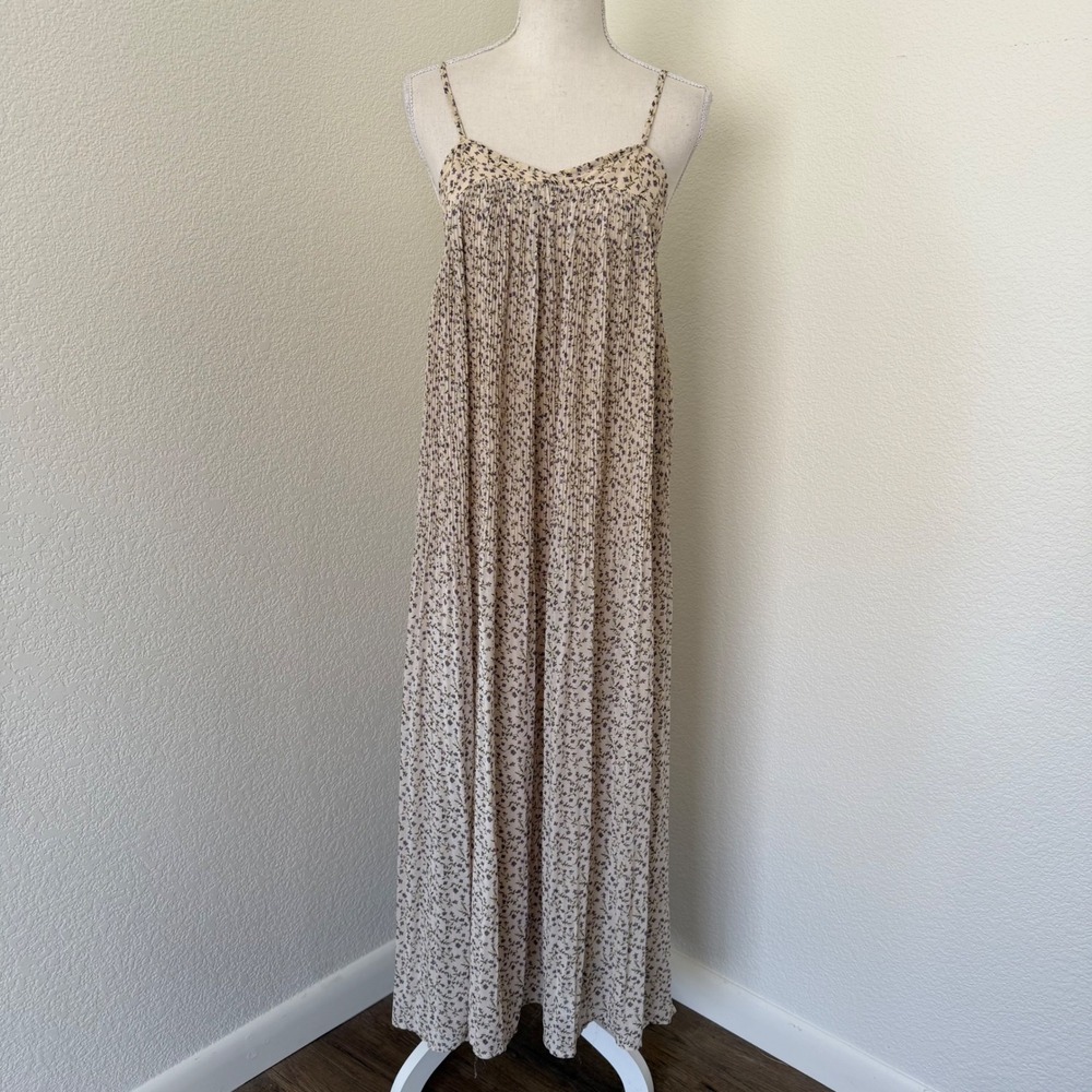 Pink Diamond Maxi Dress Women Large Tan Purple Floral Pleated Boho Summer